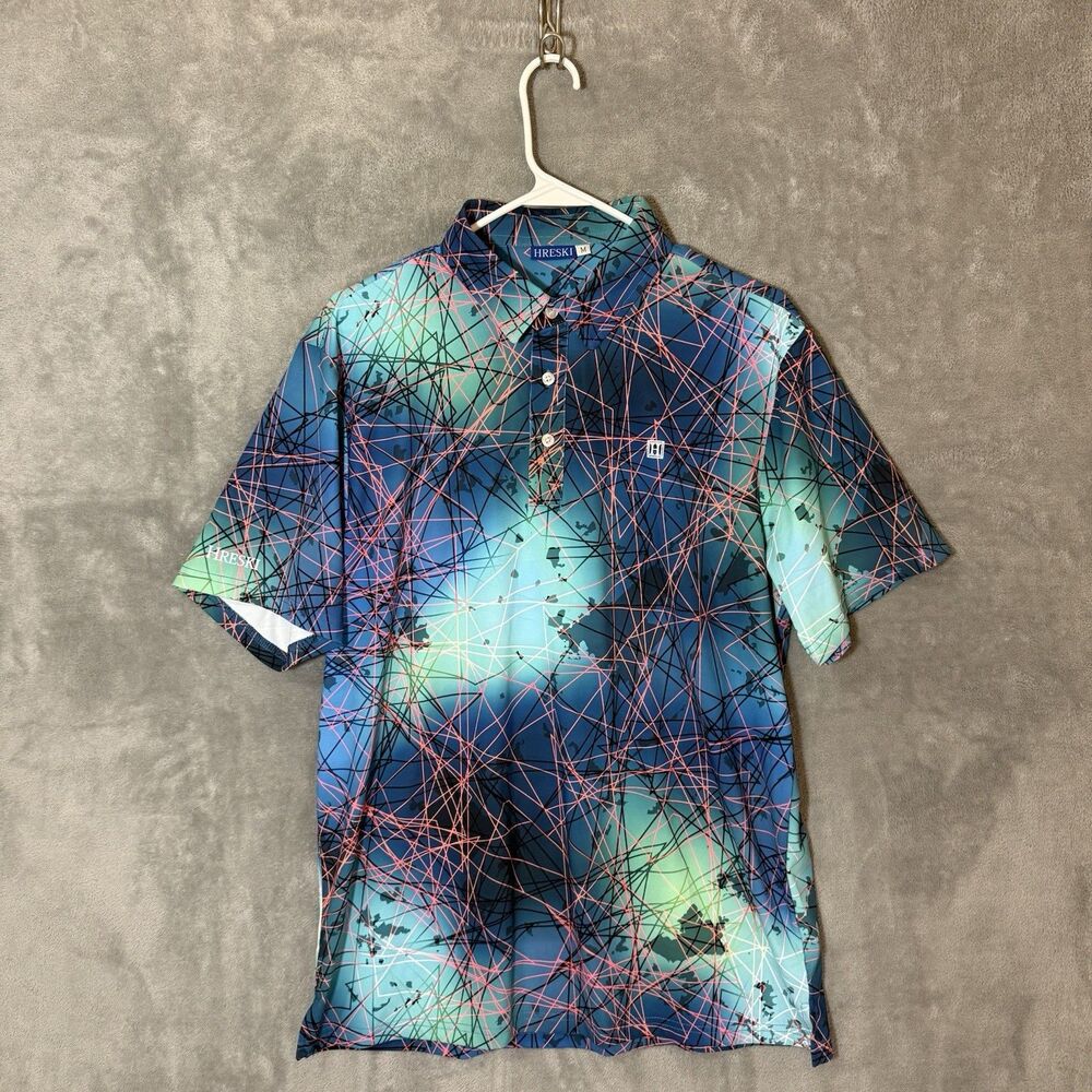 Hreski Teal Blue Geometric Abstract Button-Down Shirt Men's Size M Performance
